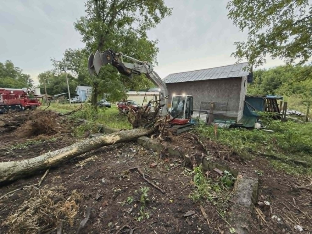 Excavator lifting and removing large uprooted storm-damaged tree from residential property – White's Tree Service Knoxville TN